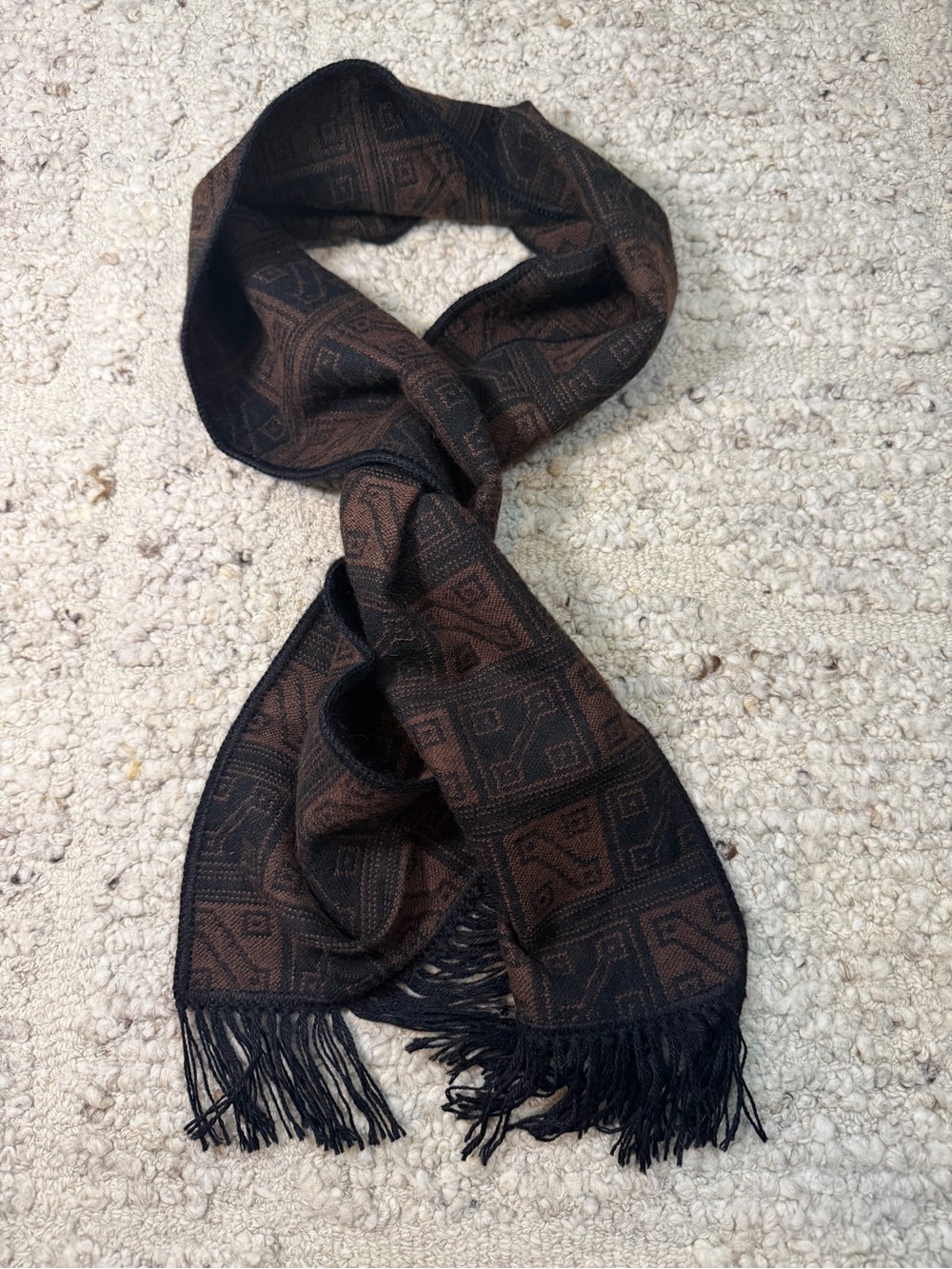 Alpaca Brown & Black Geometric Patterned Fringe Scarf